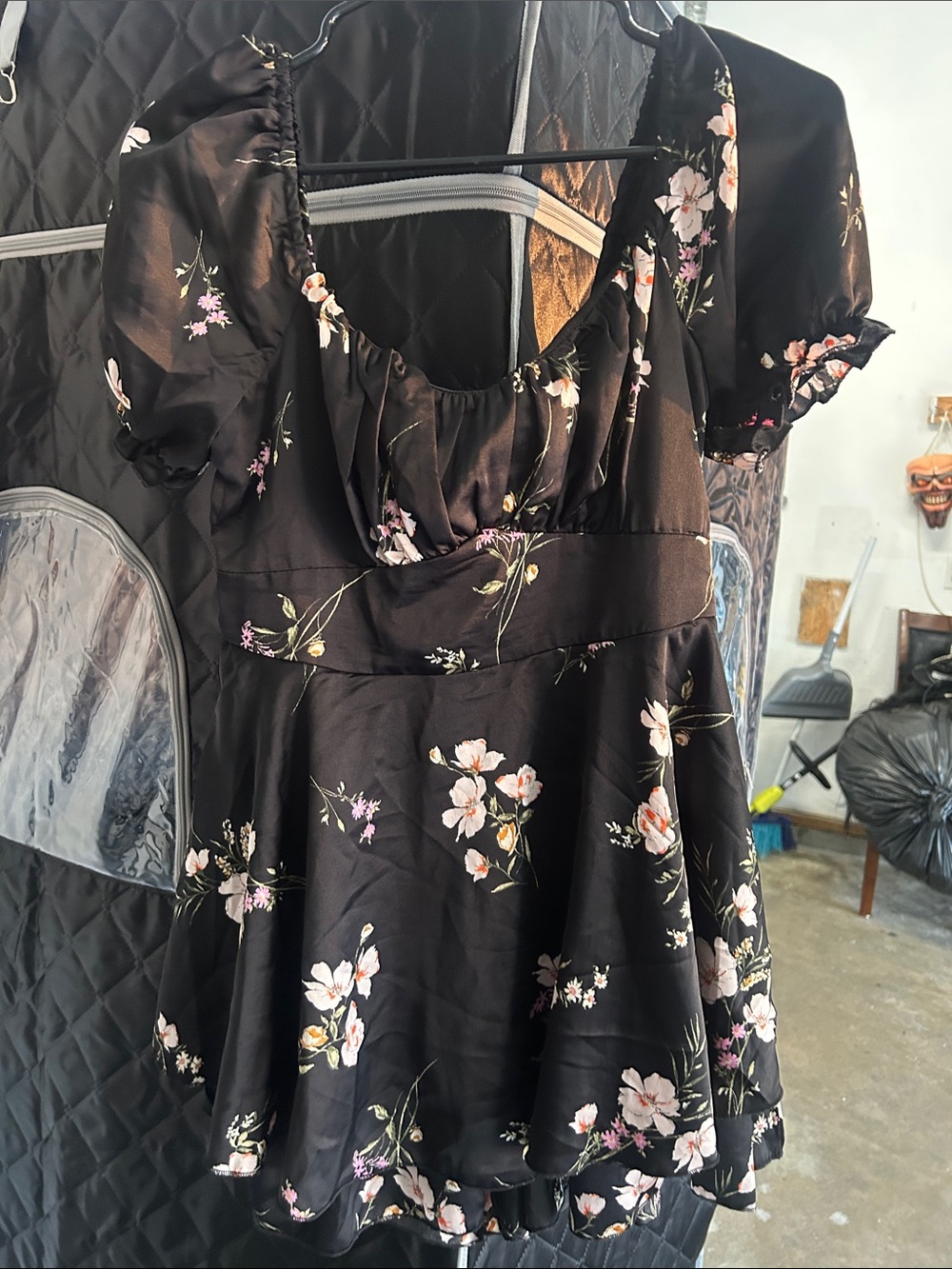 Black Floral Puff-Sleeve Mini Dress